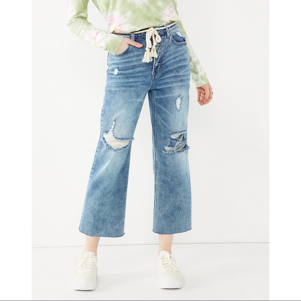 NWT SO Exposed Button Wide Leg Cropped Denim Jeans Distressed Blue Juniors SZ 11
